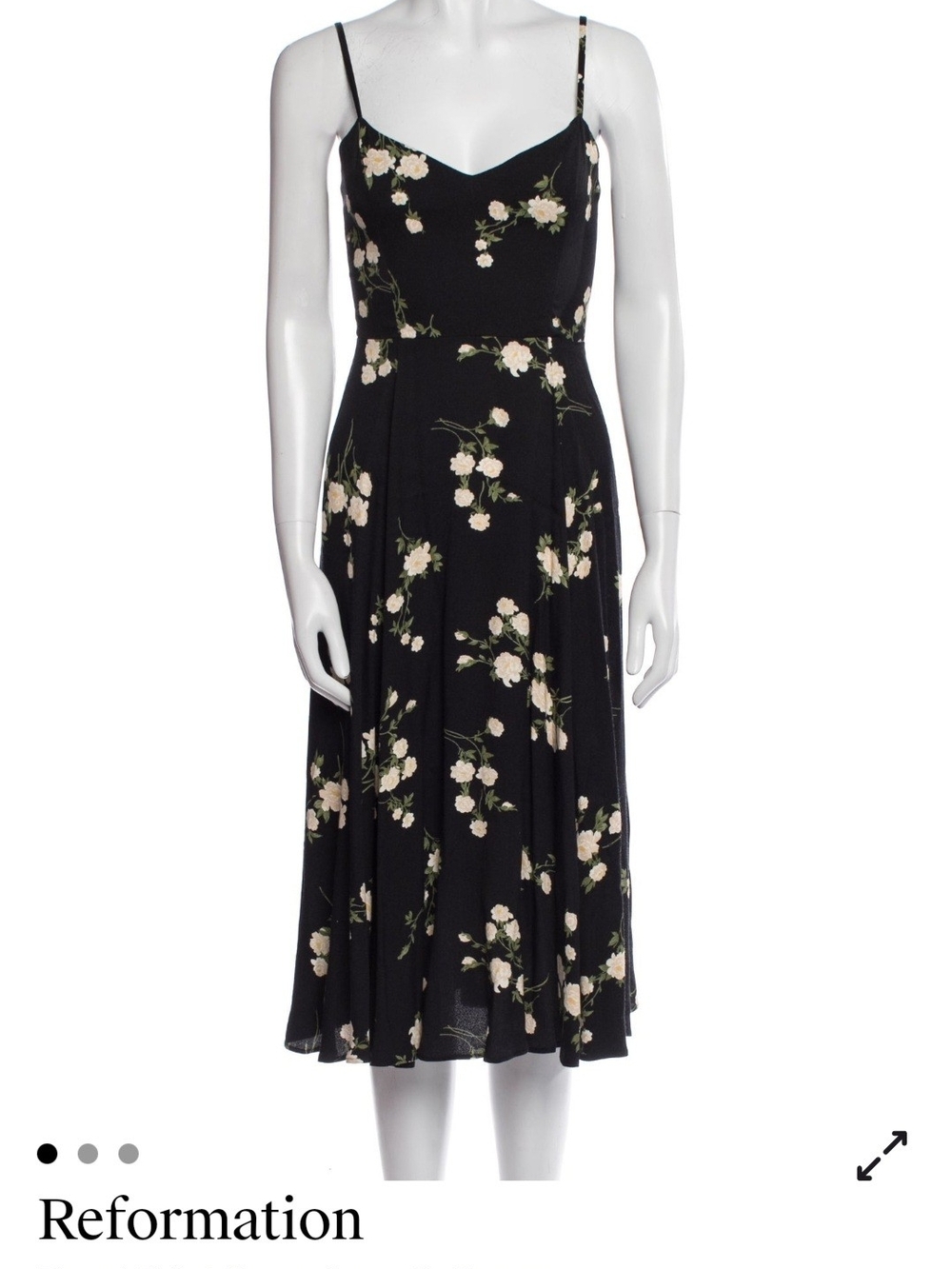Reformation Black Floral Slip Midi Dress with Cream Blooms